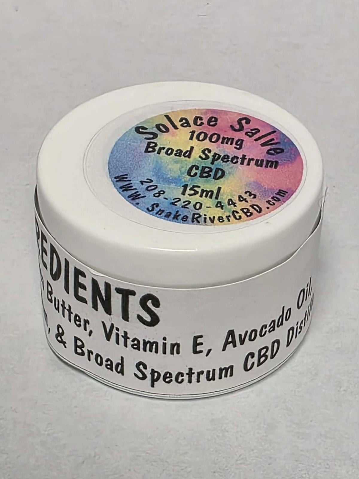 Solace Salve 15 mL jar, labeled 100 mg broad spectrum CBD